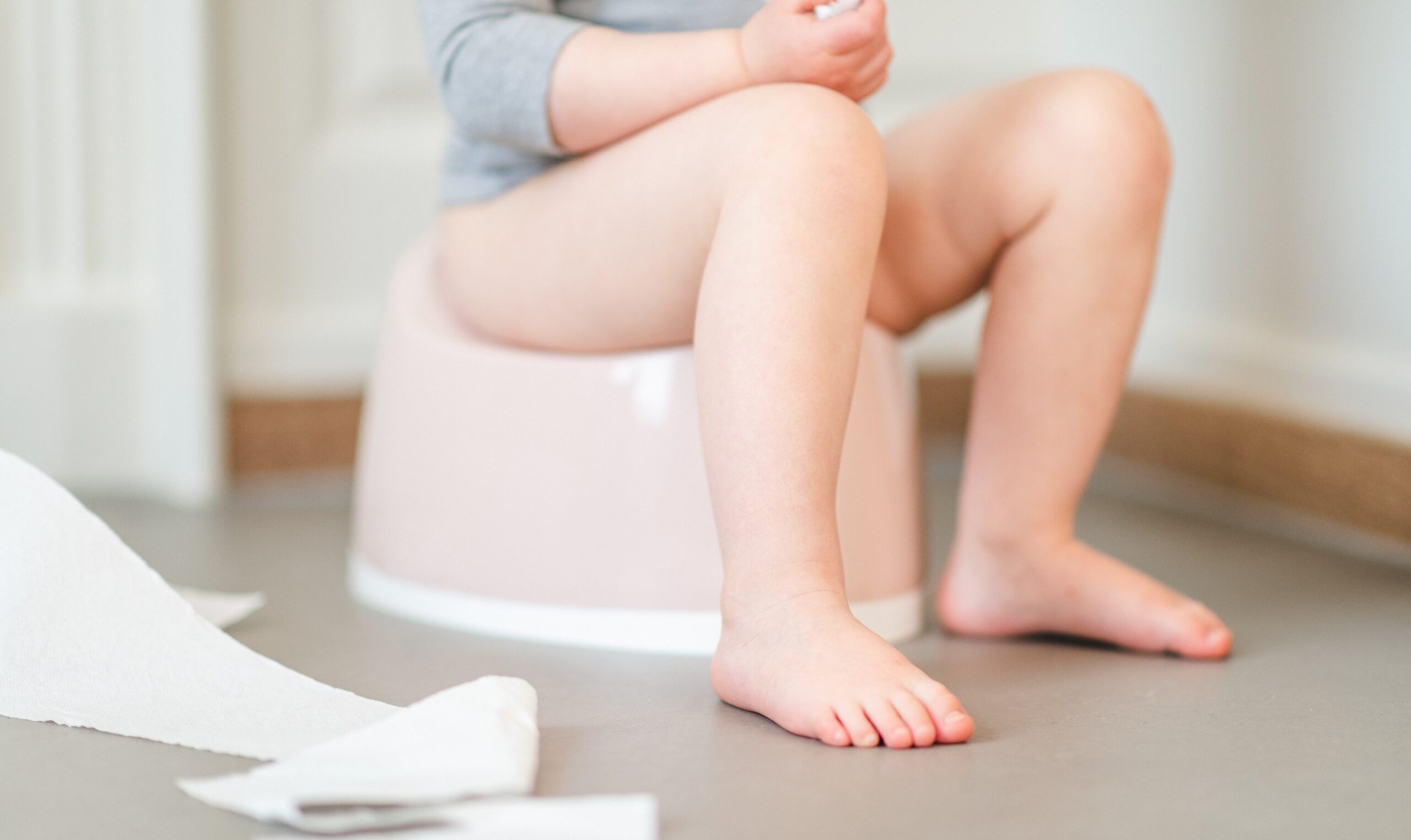Go Potty child sitting on a pink potty during potty training. Tissue/wipes can be seen in the background