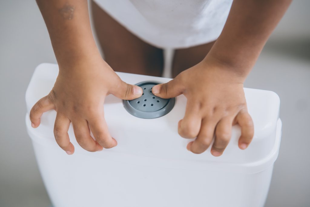 A child standing beside a toilet and confidently flushing it during potty training. The child's face shows a mix of excitement and accomplishment, while their hand is reaching for the flush lever. The child is battling with potty training fears