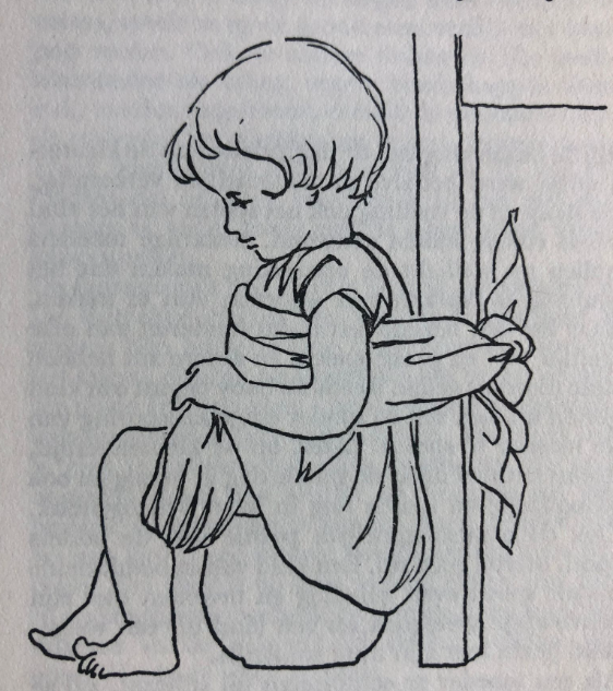 Black and white drawing of a child potty training by sitting on a potty being tied to a table leg.
